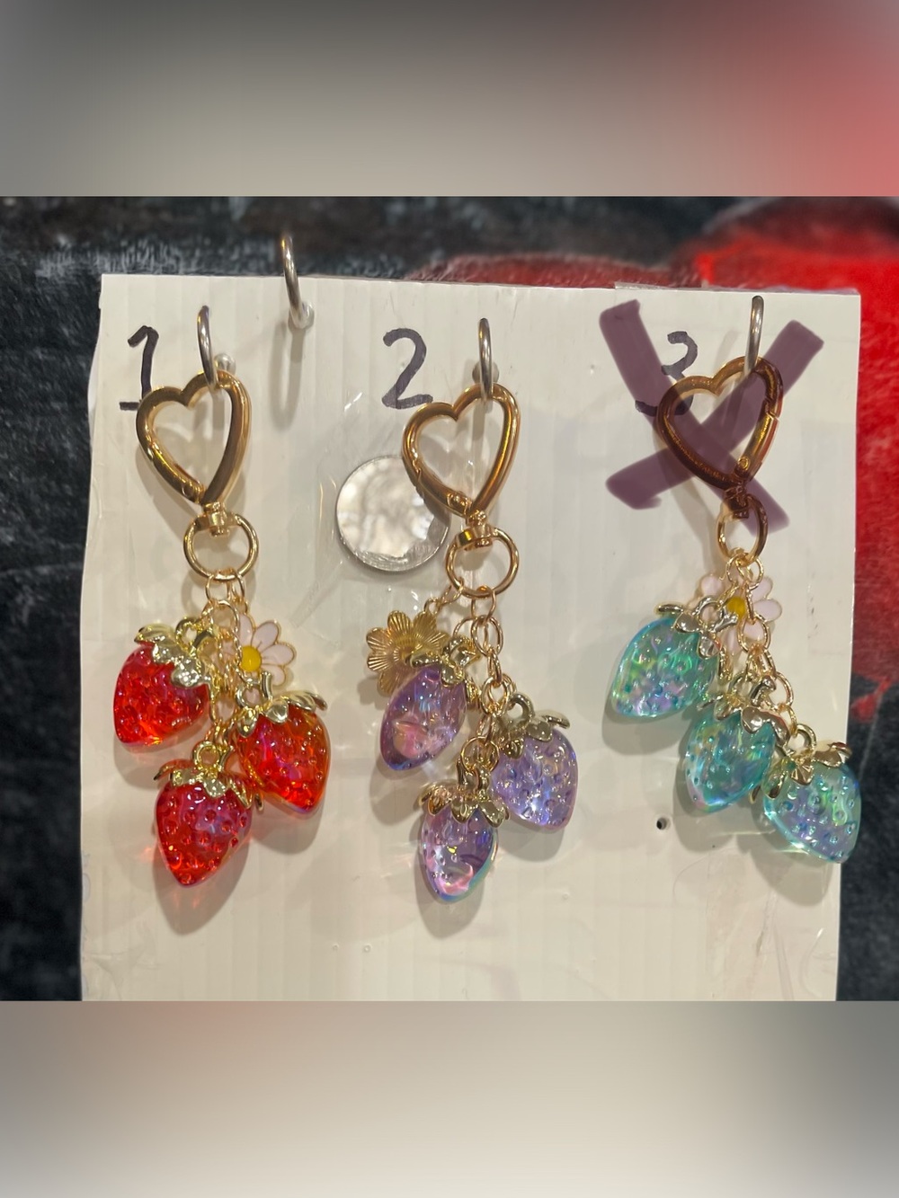 #7 Choice of 1 Gold Heart Clip Strawberry Charm Keychain - Red, Purple, Aqua